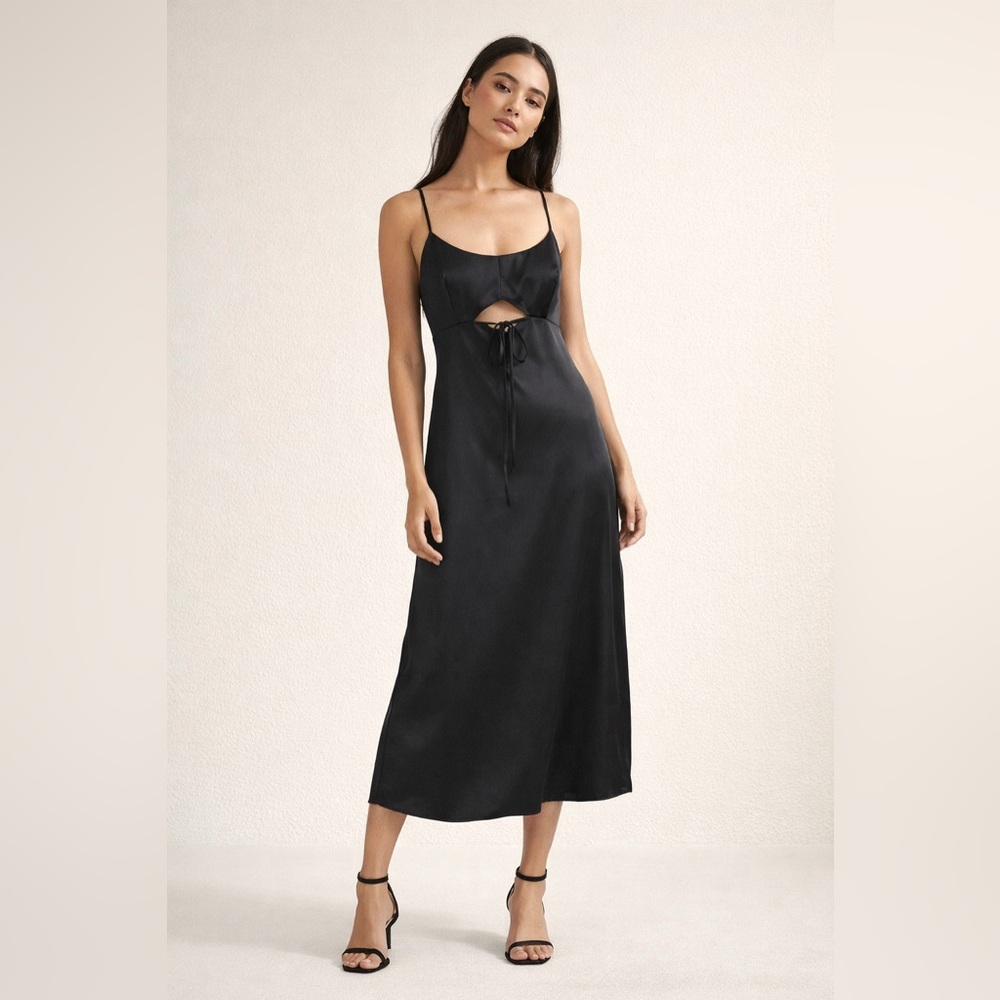 Banana Republic Black Satin Slip Dress Cutout Tie Back 90s Minimal Midi Size 8